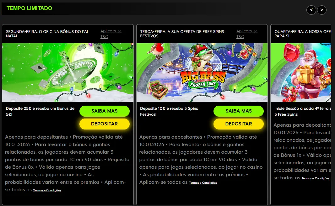 Secção de promoções e recompensas do casino